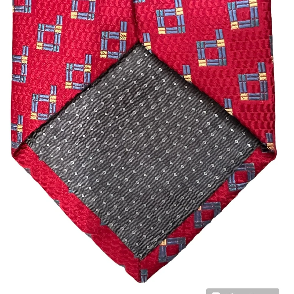 Daniel De Fasson Mens Colorful Preppy Geometric Red 100% Silk Tie Hand Made